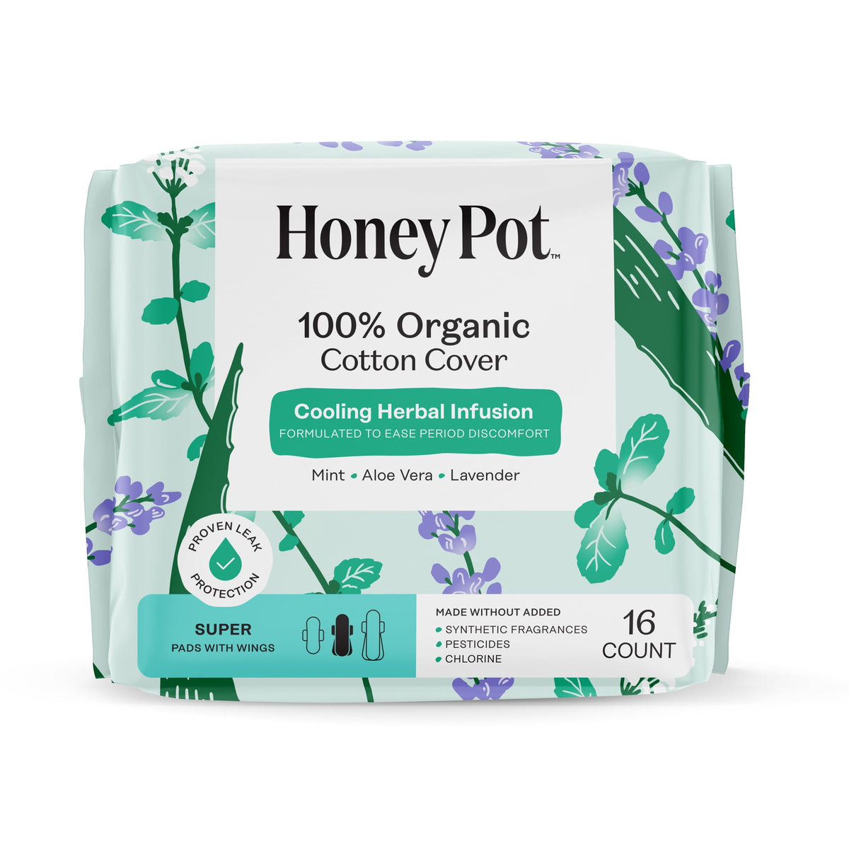 Honey Pot 100% Organic Cotton Cover Cooling Herbal Infusion Super Pads, 16 Count
