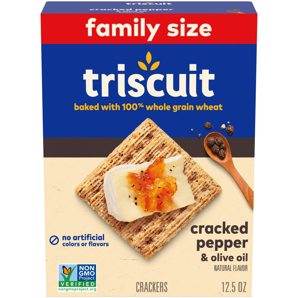 Triscuit Cracked Pepper & Olive Oil Whole Grain Wheat Crackers, Snack Crackers, Family Size, 12.5 oz