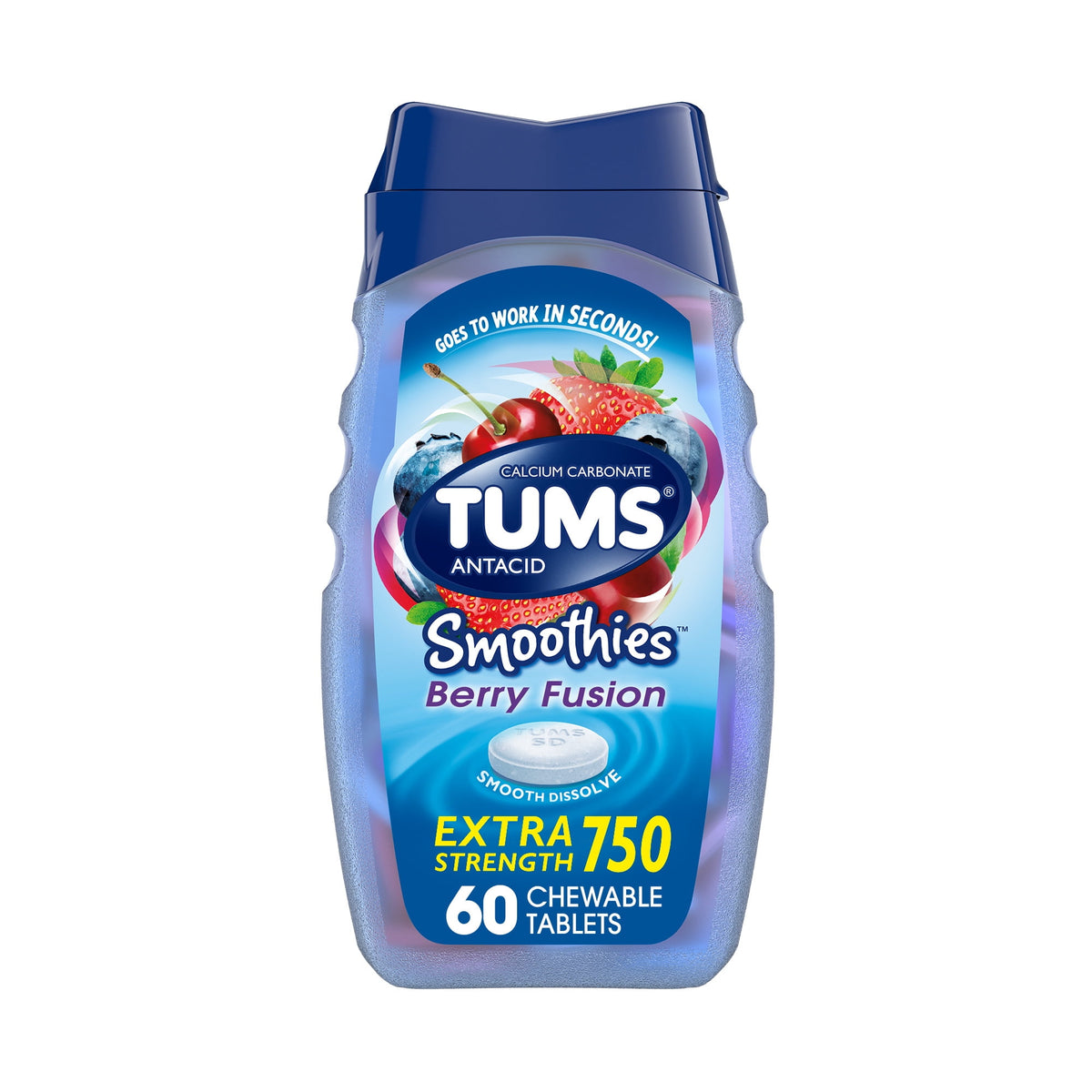 Tums Smoothies Extra Strength Heartburn Relief Chewable Antacid Tablets, Berry Fusion, 60 Ct​
