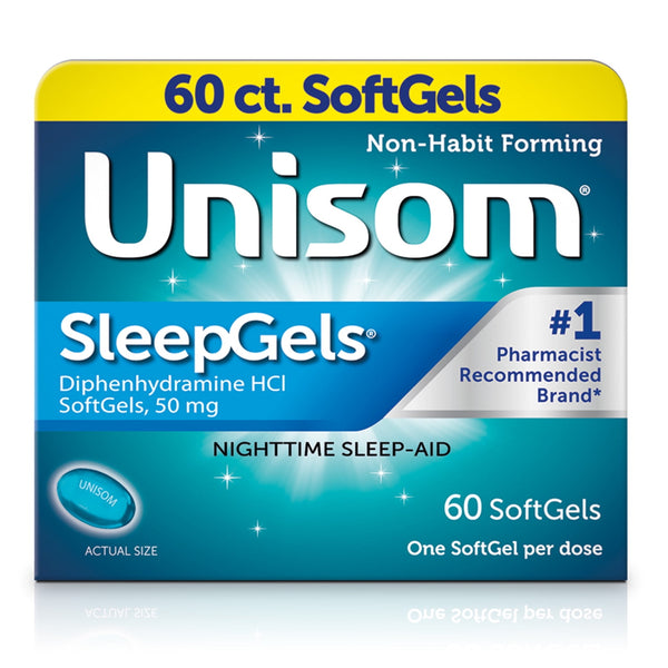 Unisom SleepGels Diphenhydramine HCL Softgel Sleeping Pills, Nighttime Sleep Aid, 50 mg, 60 Count