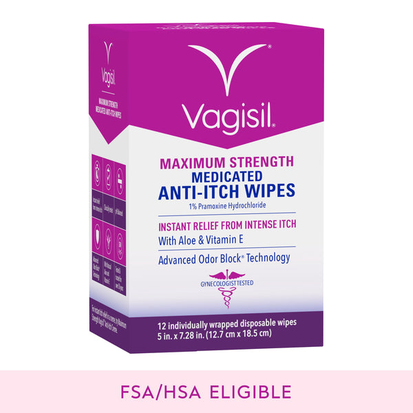 Vagisil Anti-Itch Medicated Feminine Intimate Wipes for Women, Maximum Strength, Gynecologist Tested, 12 Wipes