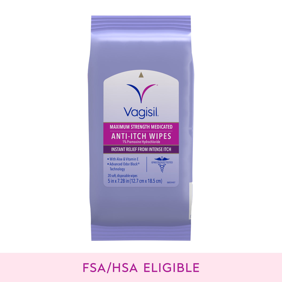 Vagisil Wipes, Anti-Itch Medicated Feminine Vaginal Wipes, Maximum Strength, Instant Relief, 20 Wipes