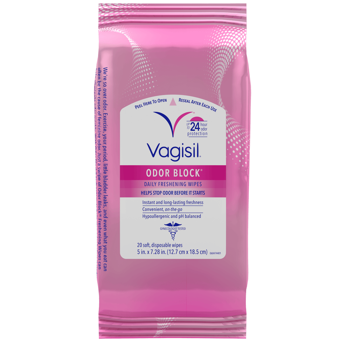 Vagisil Odor Block Daily Freshening Wipes for Feminine Hygiene in Resealable Pouch, Gynecologist Tested & Hypoallergenic, 20 Wipes