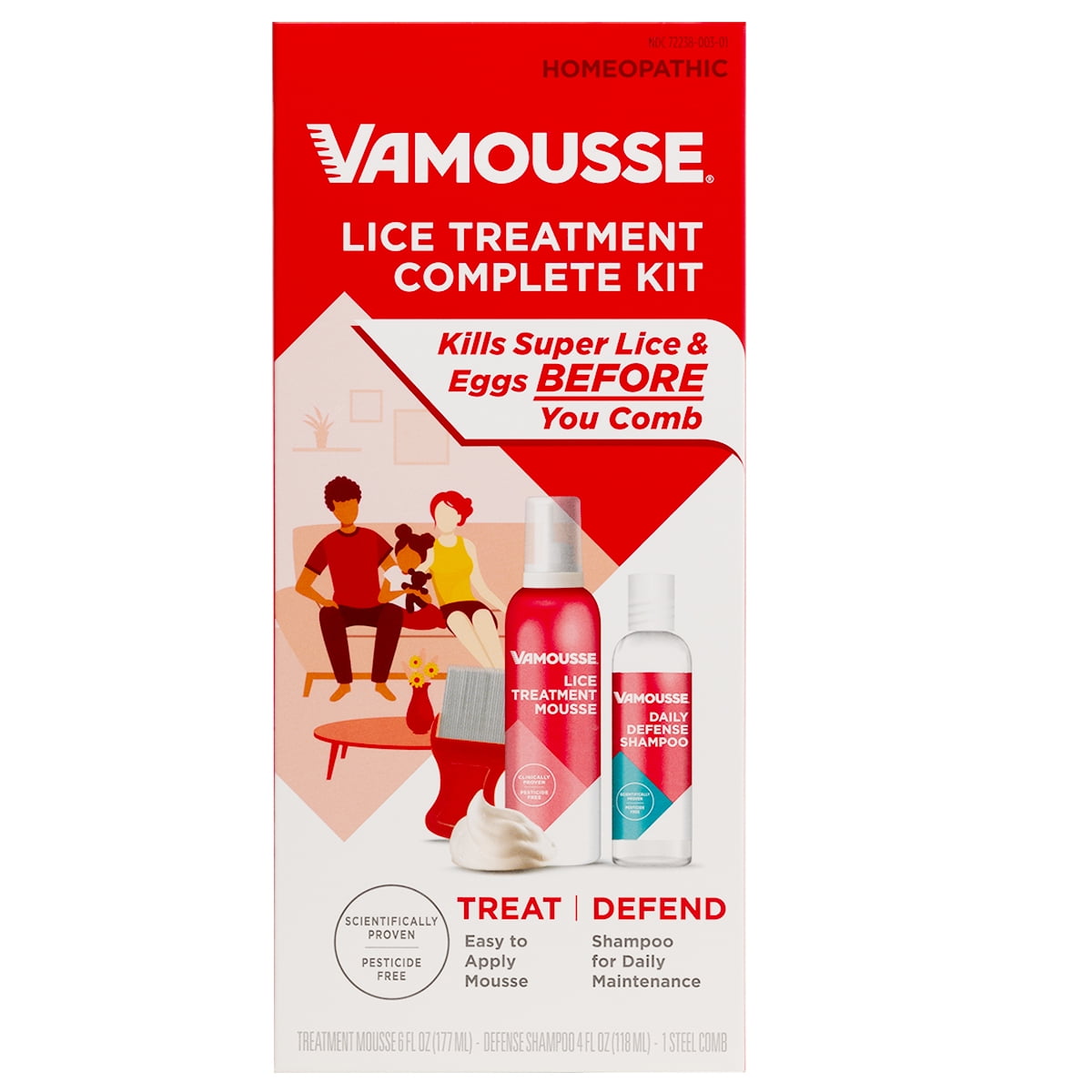 Vamousse Complete Lice Kit with Treatment Mousse, Daily Shampoo & Lice Comb, 6 oz