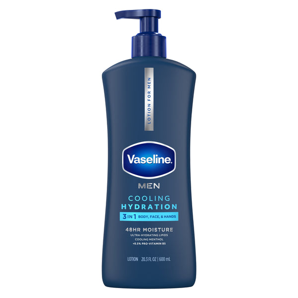 Vaseline Men Cooling Hydration 3-in-1 Face, Hands & Body Lotion For Men For Dry Skin With Menthol & Ultra-Hydrating Lipids, 20.3 fl oz