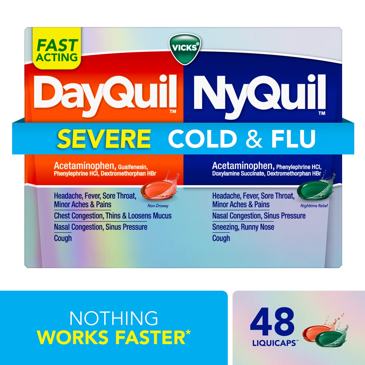 Vicks DayQuil & NyQuil SEVERE Cold & Flu LiquiCap Medicine, 48 count