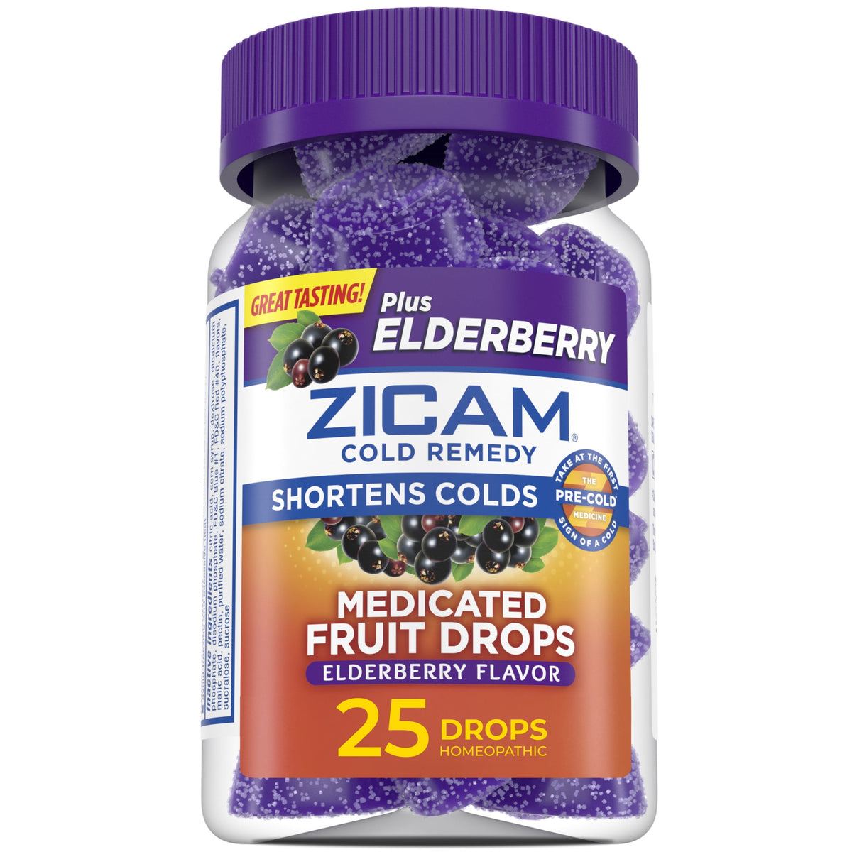 Zicam Cold Remedy Zinc Medicated Fruit Drops, Elderberry Homeopathic Cold Shortening Medicine, 25 Ct