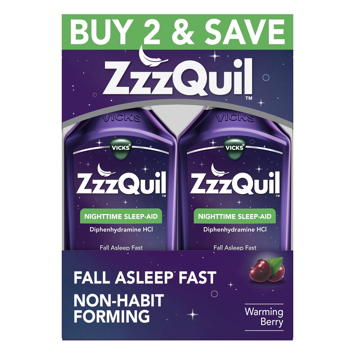 ZzzQuil Liquid Sleep Aid, Diphenhydramine 50mg HCl, Warming Berry Flavored, 2 Pack, 24 fl oz