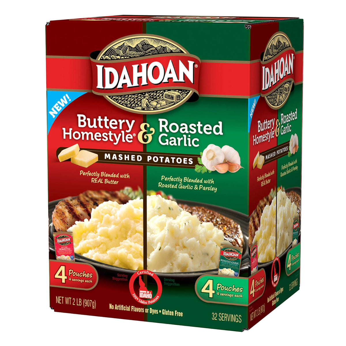 Idahoan Instant Mashed Potatoes Variety Pack, Buttery Homestyle and Roasted Garlic, 8 ea