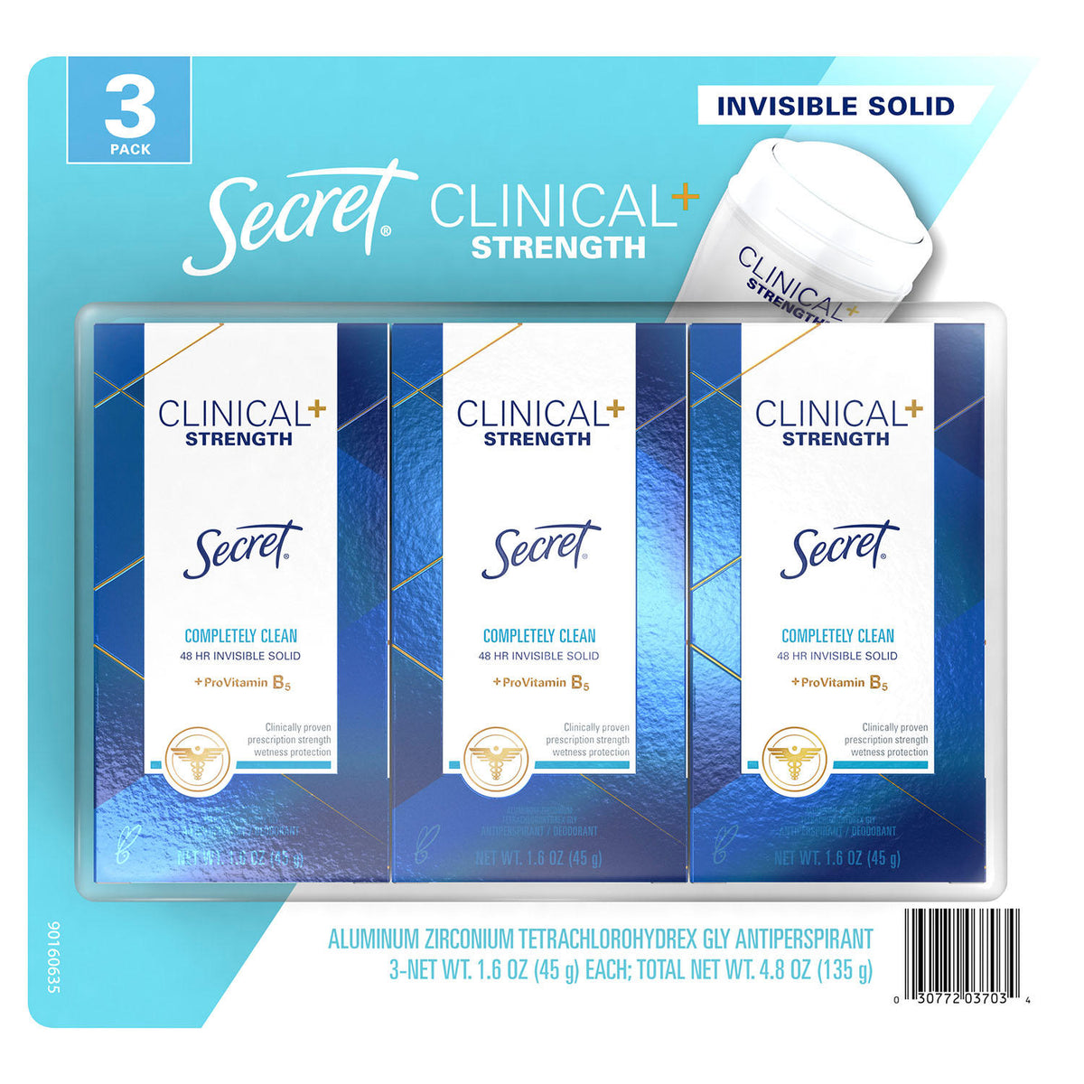 Secret Clinical Invisible Solid Antiperspirant, Completely Clean, 3 ea