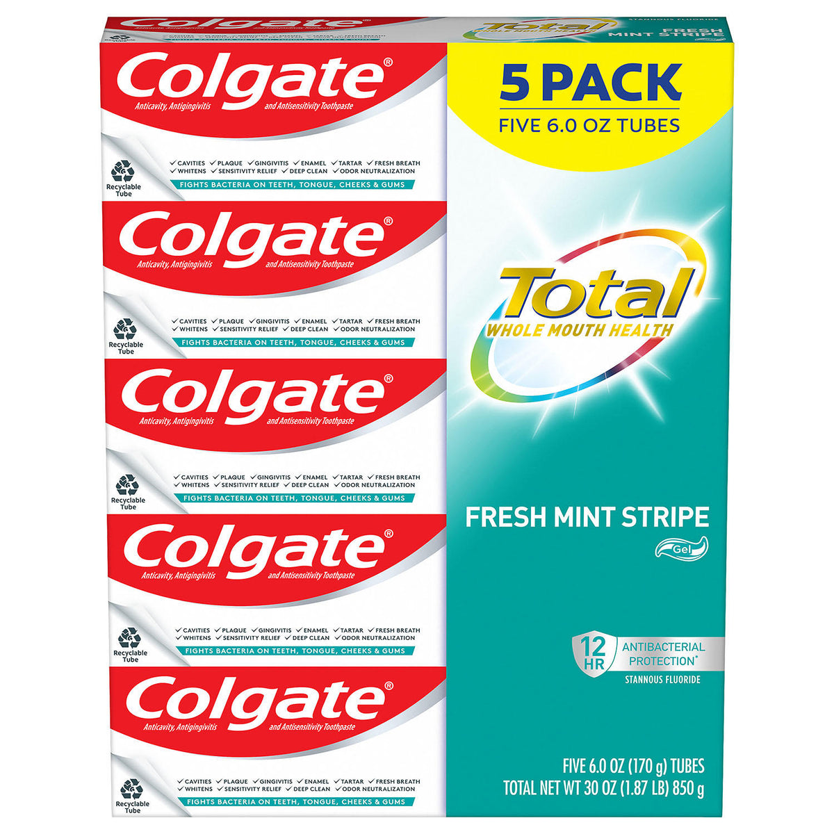 Colgate Total Fresh Mint Stripe Gel Toothpaste Pack, 5 ea