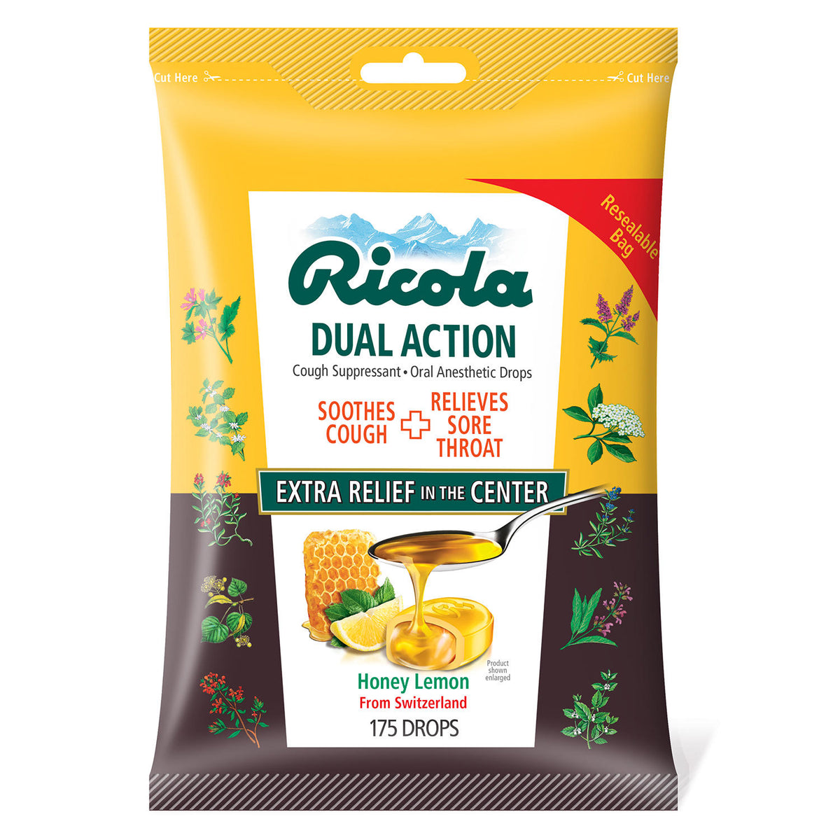 Ricola Dual Action Cough Suppressant Throat Drops, Honey Lemon, 175 ea