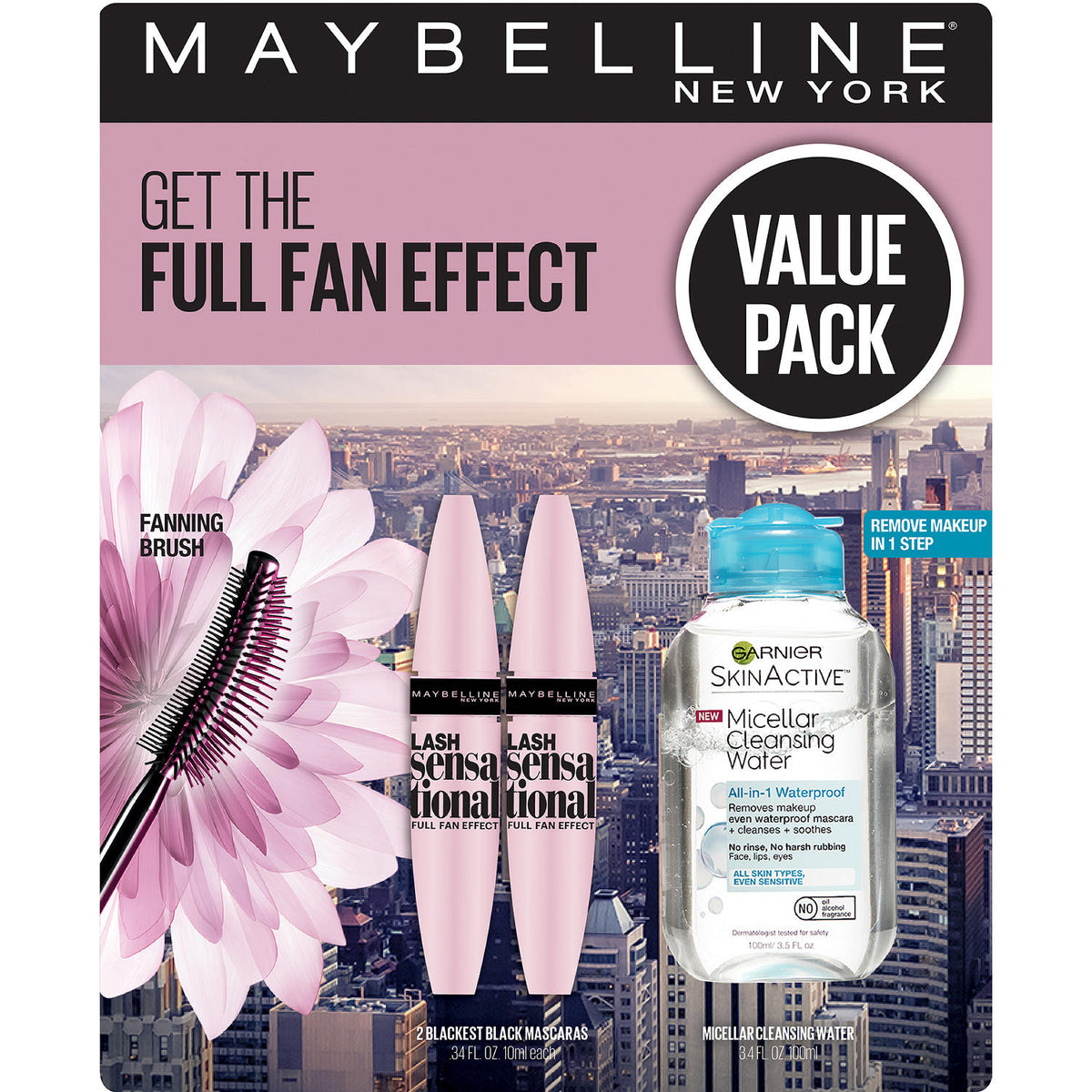 Maybelline Lash Sensational Washable Mascara and Garnier Micellar Cleansing Water Kit, 1 ea