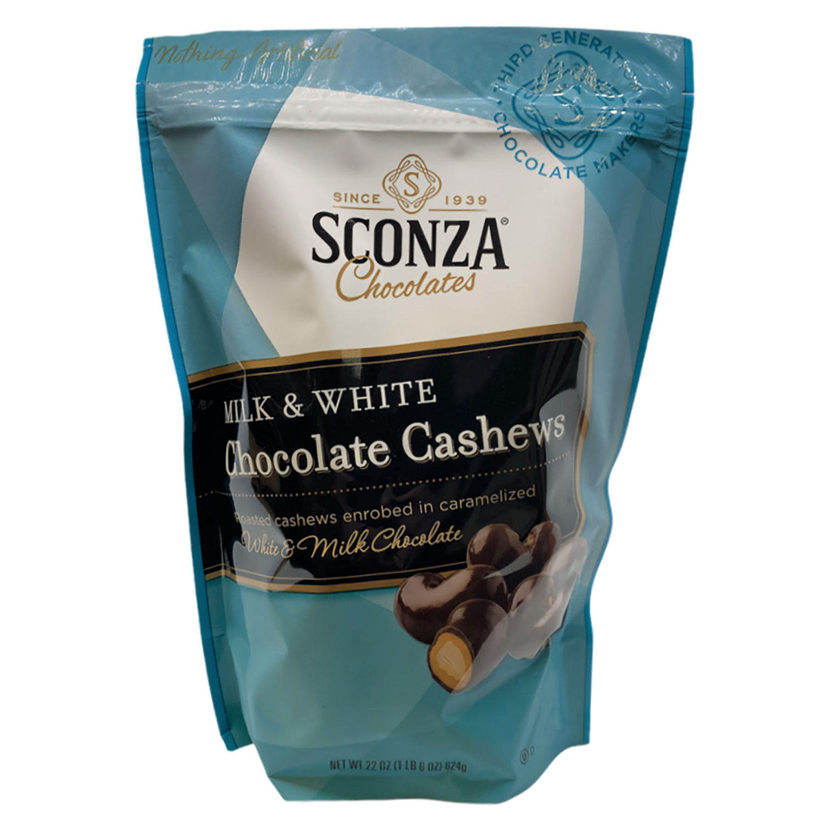Sconza Milk and White Chocolate Cashews, 22 oz