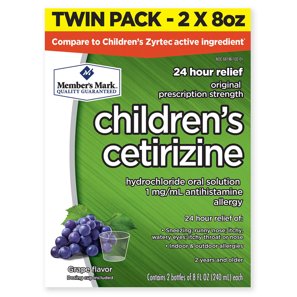 Member's Mark Children's Cetirizine Allergy Relief Oral Solution, Sugar-Free Grape Flavor, 2 ea