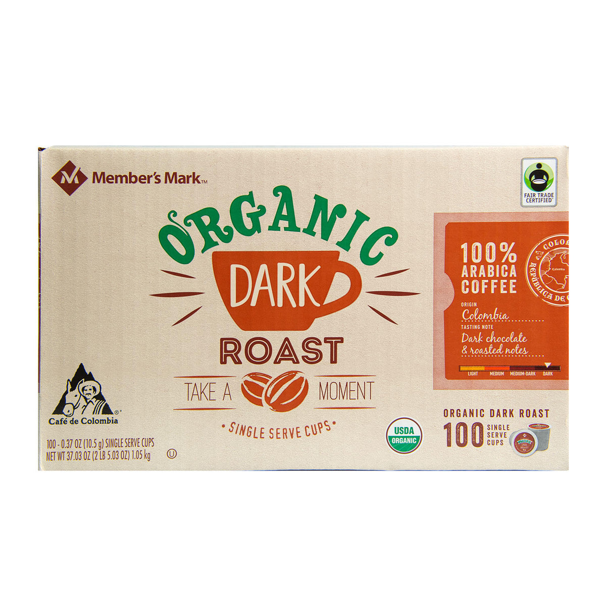 Member's Mark Organic Dark Roast Coffee, Single-Serve Cups, 100 ea