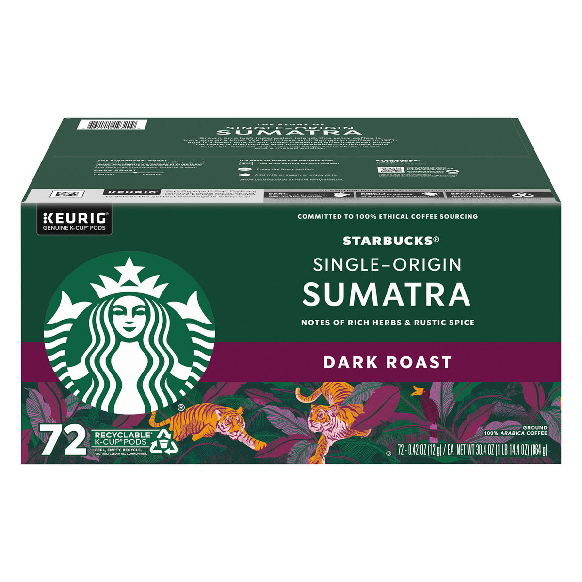 Starbucks Single-Origin Sumatra Coffee K-Cups, Dark Roast, 72 ea