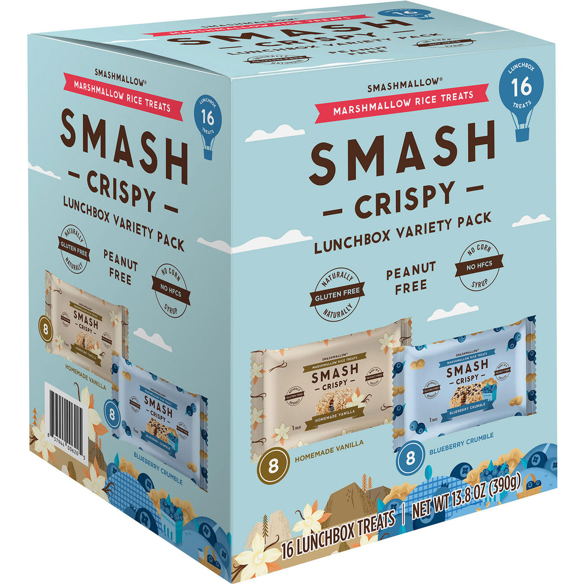 SmashCrispy Marshmallow Rice Treats Pack, Homemade Vanilla and Blueberry Crumble, 16 ea