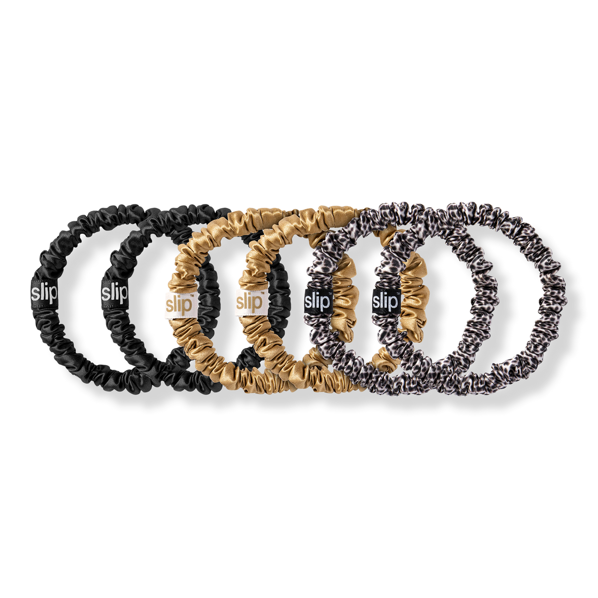 Slip Black, Leopard & Gold Pure Silk Skinny Scrunchies, 6 ea
