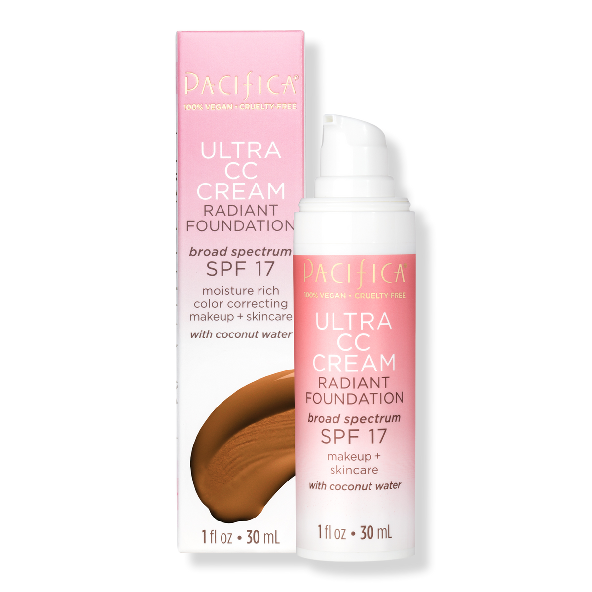 Pacifica Ultra CC Cream Radiant Foundation With 100% Physical Broad Spectrum, SPF 17, Warm/Tan, 1 oz