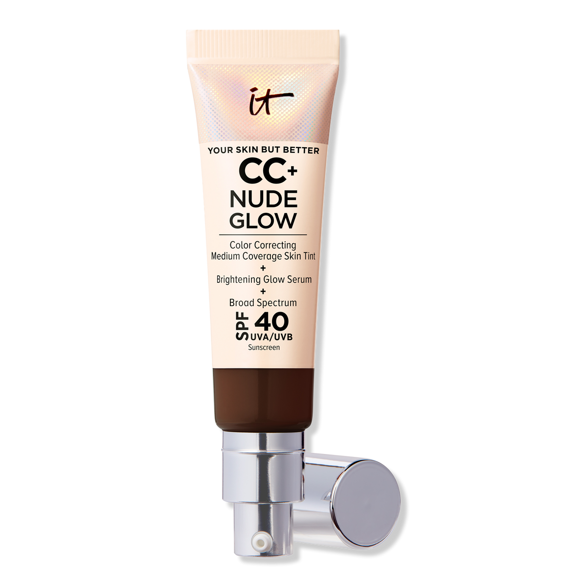 IT Cosmetics CC+ Nude Glow Lightweight Foundation + Glow Serum with, SPF 40, Deep Mocha, 1.08 oz