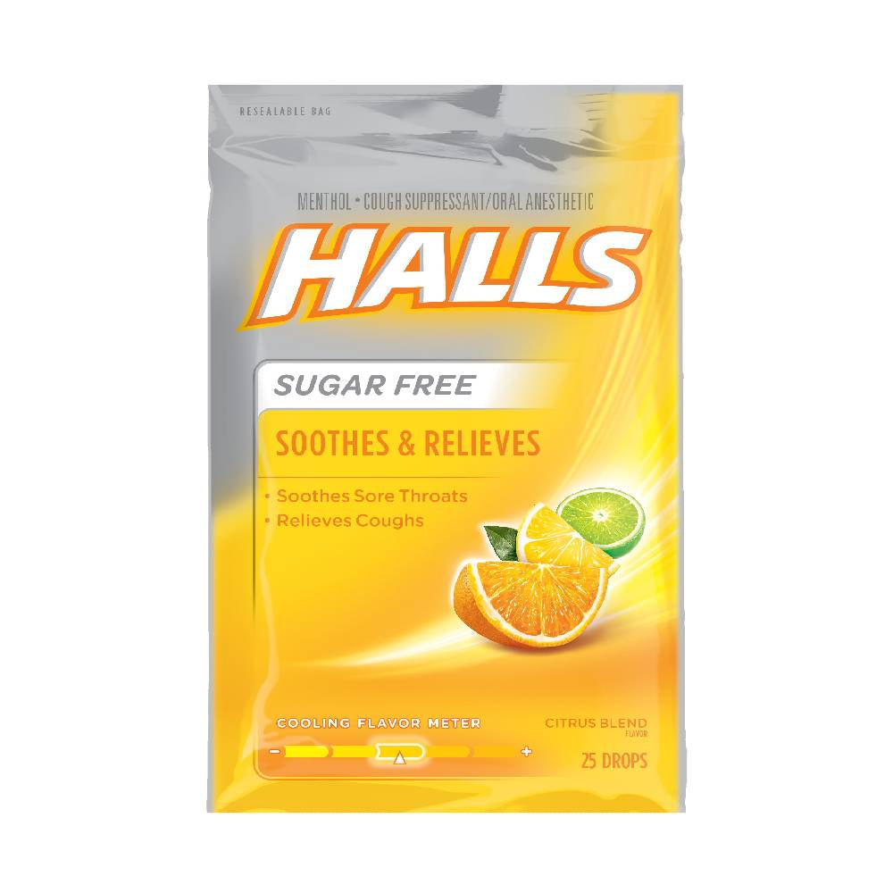 Halls Cough Drop Lozenges, Sugar Free, Citrus Blend, 25 ea