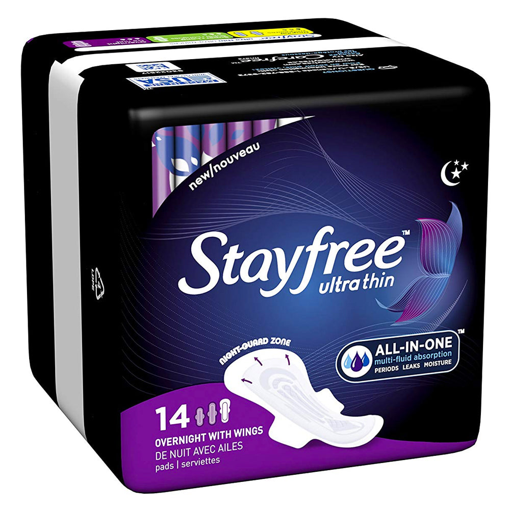 Stayfree Ultra Thin, Overnight with Wings, Pads, 14 ea