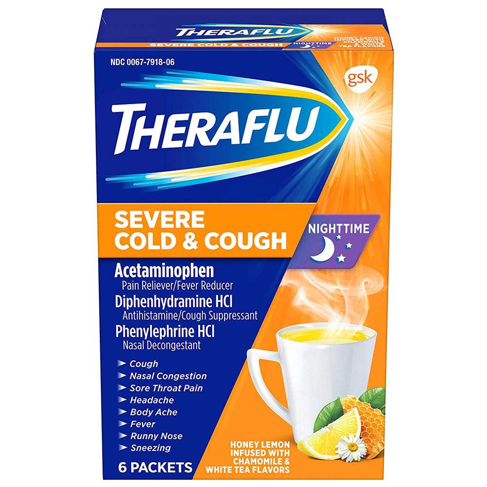 TheraFlu Nighttime Severe Cold & Cough Packets, Honey Lemon, 6 ea - OTC Shoppe Express
