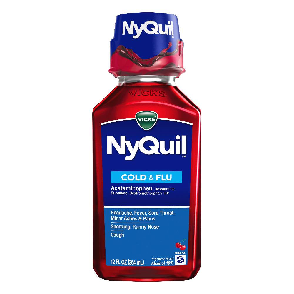 NyQuil HBP Cold and Flu Liquid, Cherry Flavor, 12 oz