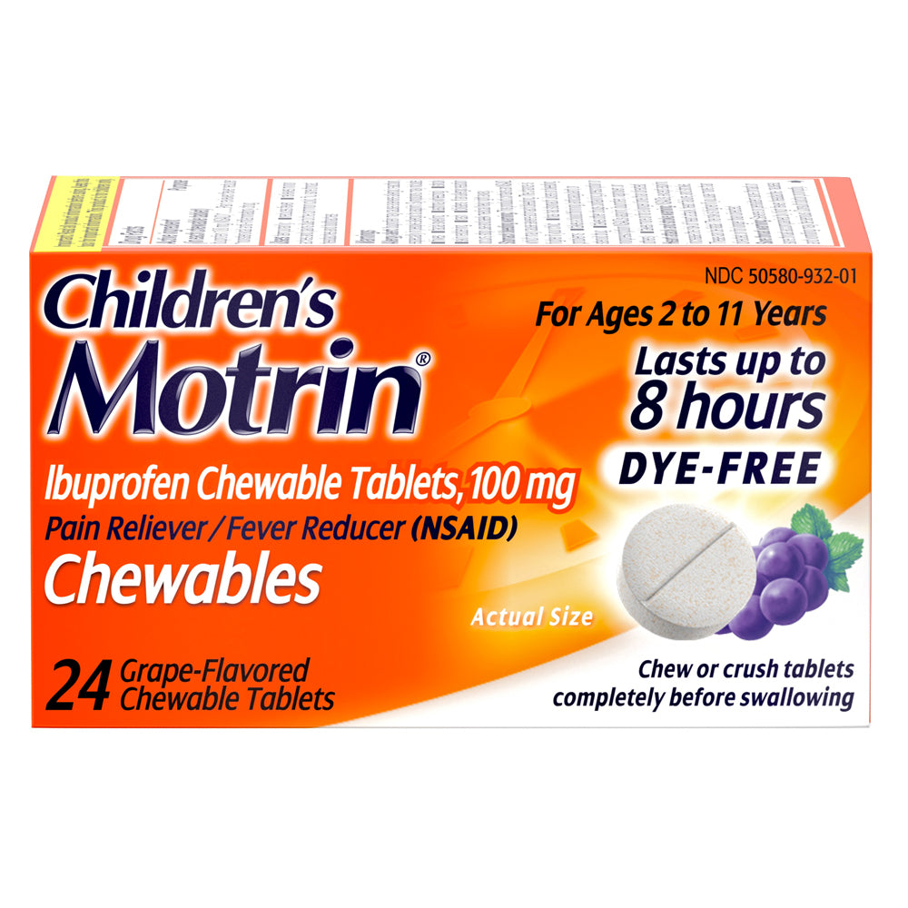 Motrin Children's Ibuprofen, 100 mg, Dye-Free, Chewable Tablets, Grape, 24 ea
