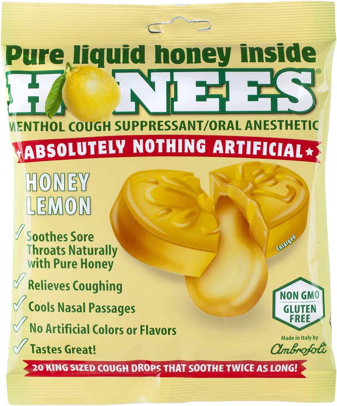 Honees Menthol Cough Suppressant Drops, Honey Lemon, 20 ea
