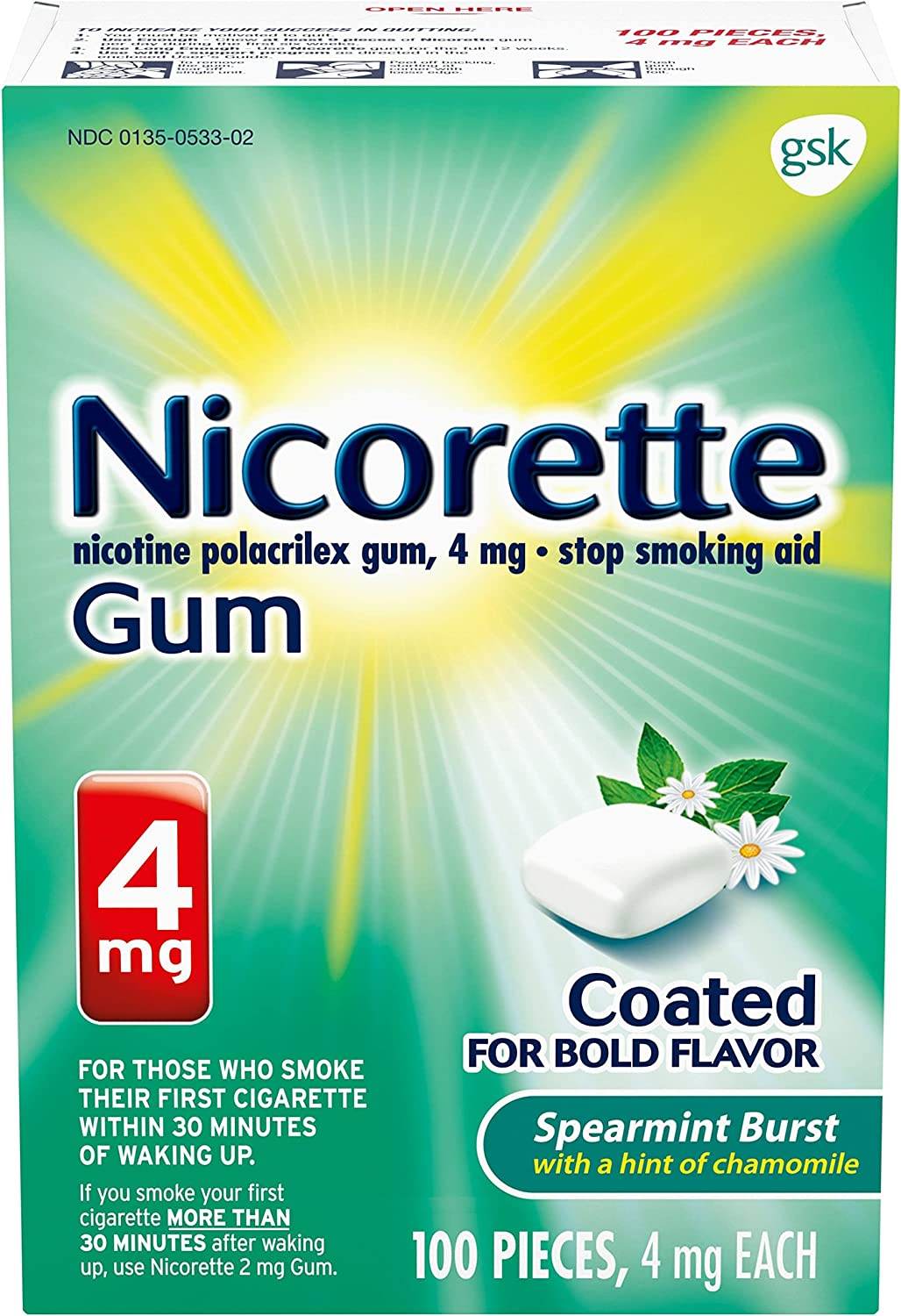 Nicorette Nicotine Gum, 4 mg, Spearmint Burst, 100 ea - OTC Shoppe Express