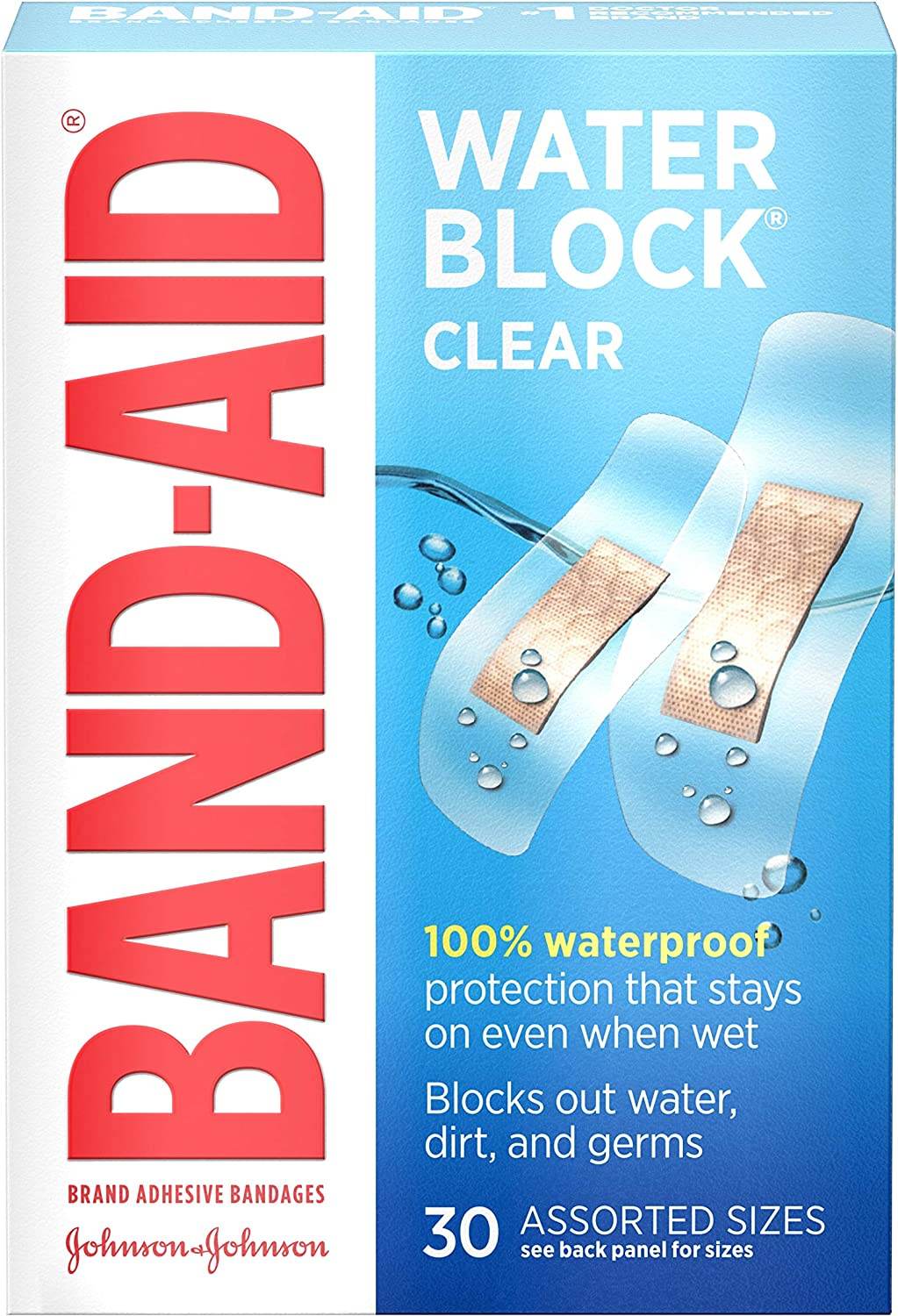 Band-Aid Water Block Plus Bandages, Clear, Assorted Sizes, 30 ea - OTC Shoppe Express