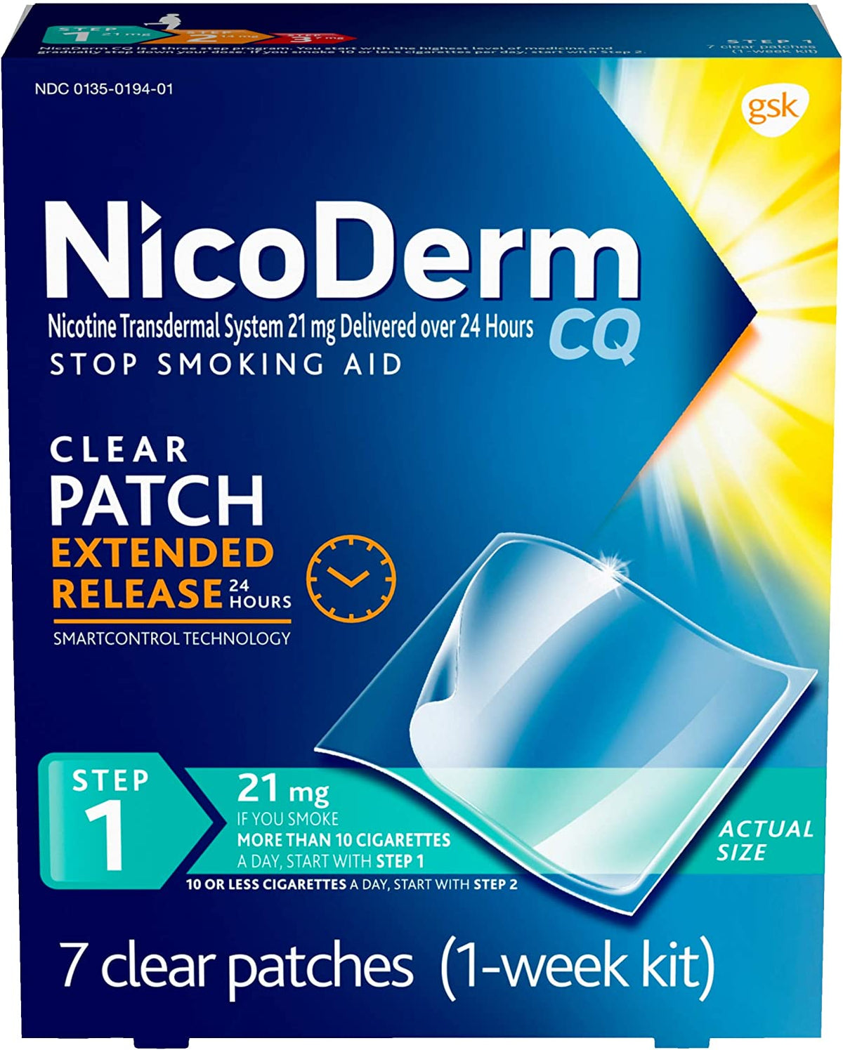Nicoderm CQ Smoking Cessation Aid, Step 1, 21 mg, Clear, 7 ea