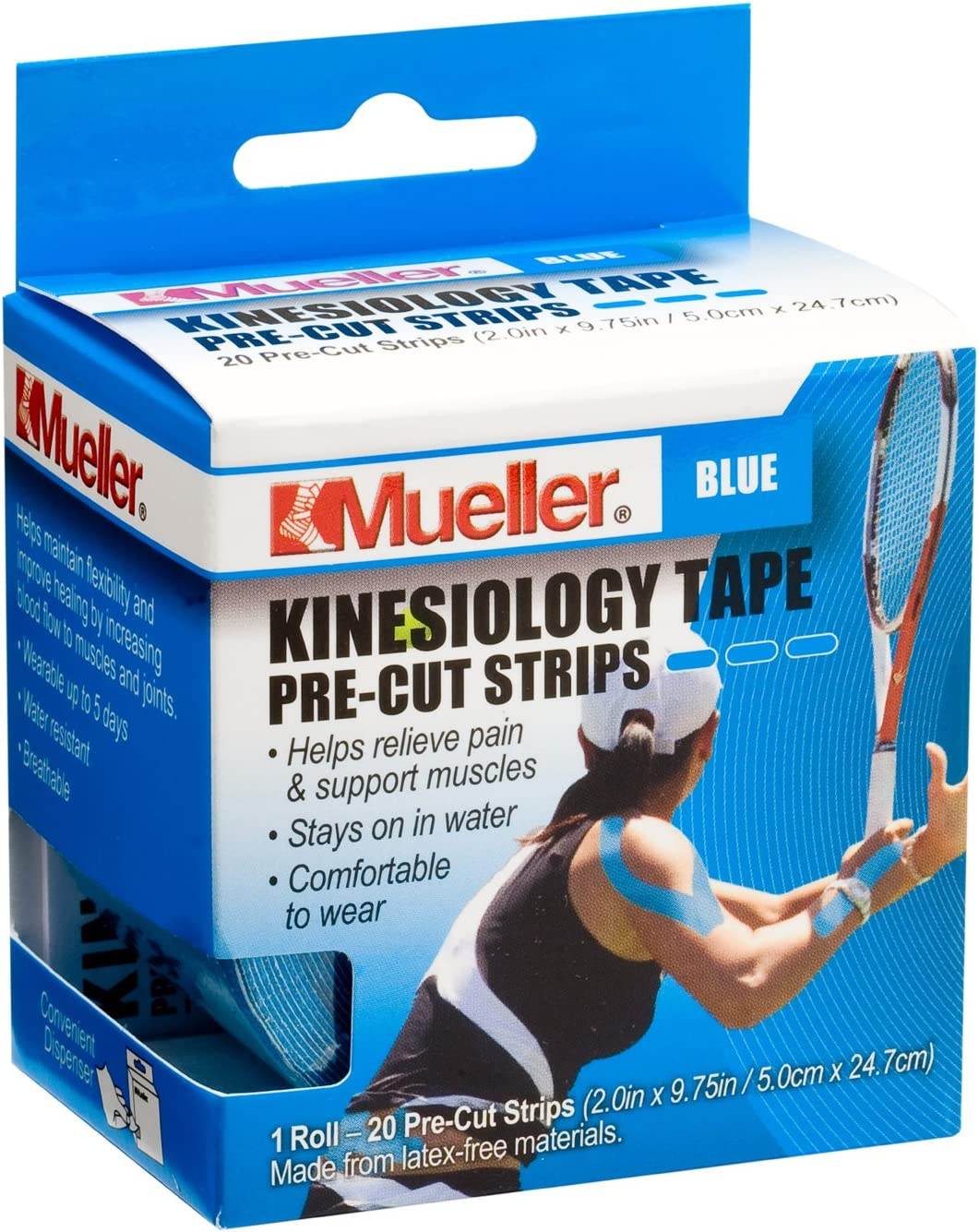 Mueller Sports Medicine Kinesiology Tape, Pre-Cut Strips, Blue, 20 ea - OTC Shoppe Express