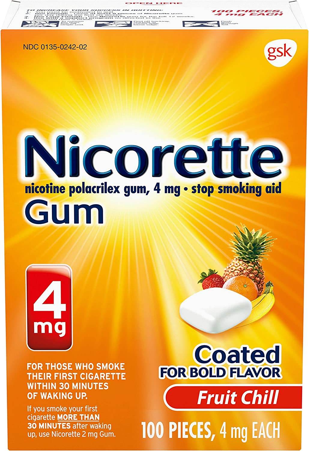 Nicorette Stop Smoking Aid Gum, 4 mg, Fruit Chill, 100 ea - OTC Shoppe Express