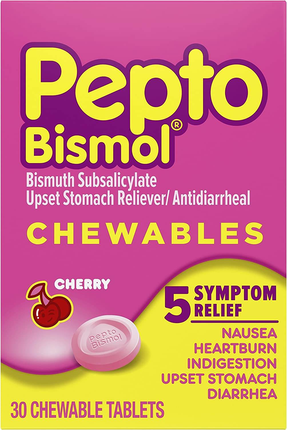 Pepto-Bismol Chewables, 5 Symptom Digestive Relief, Cherry, 30 ea - OTC Shoppe Express
