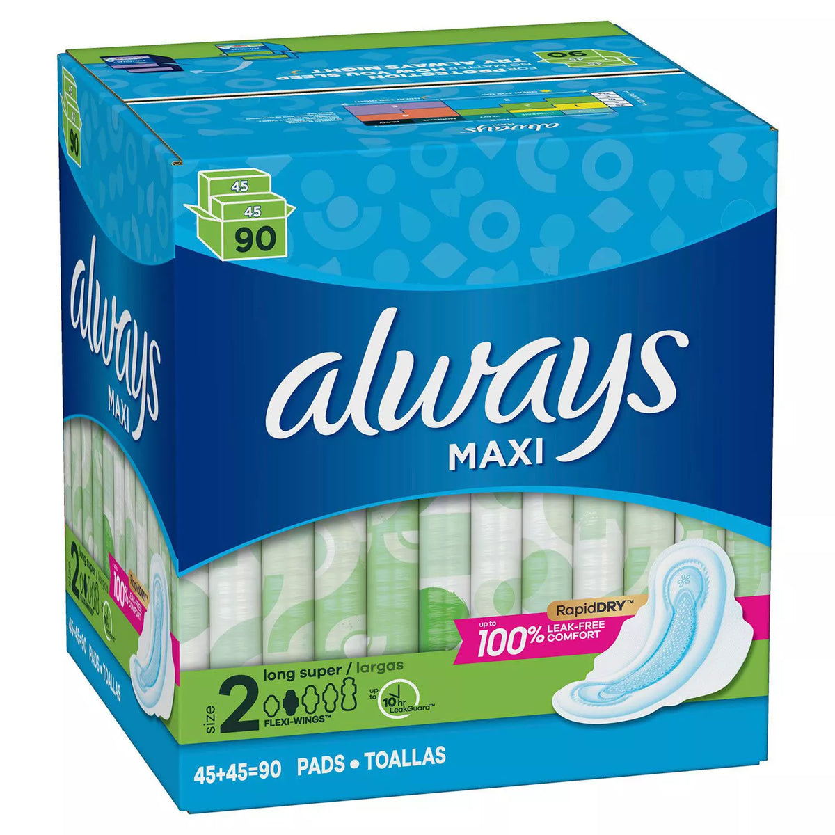 Always Maxi Long Super Pads with Wings, 90 ea