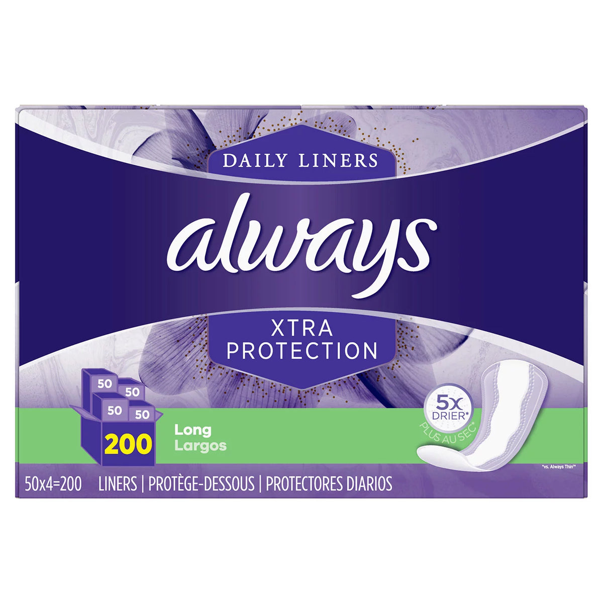 Always Anti-Bunch Xtra Protection Daily Liners, Long, Unscented, 200 ea