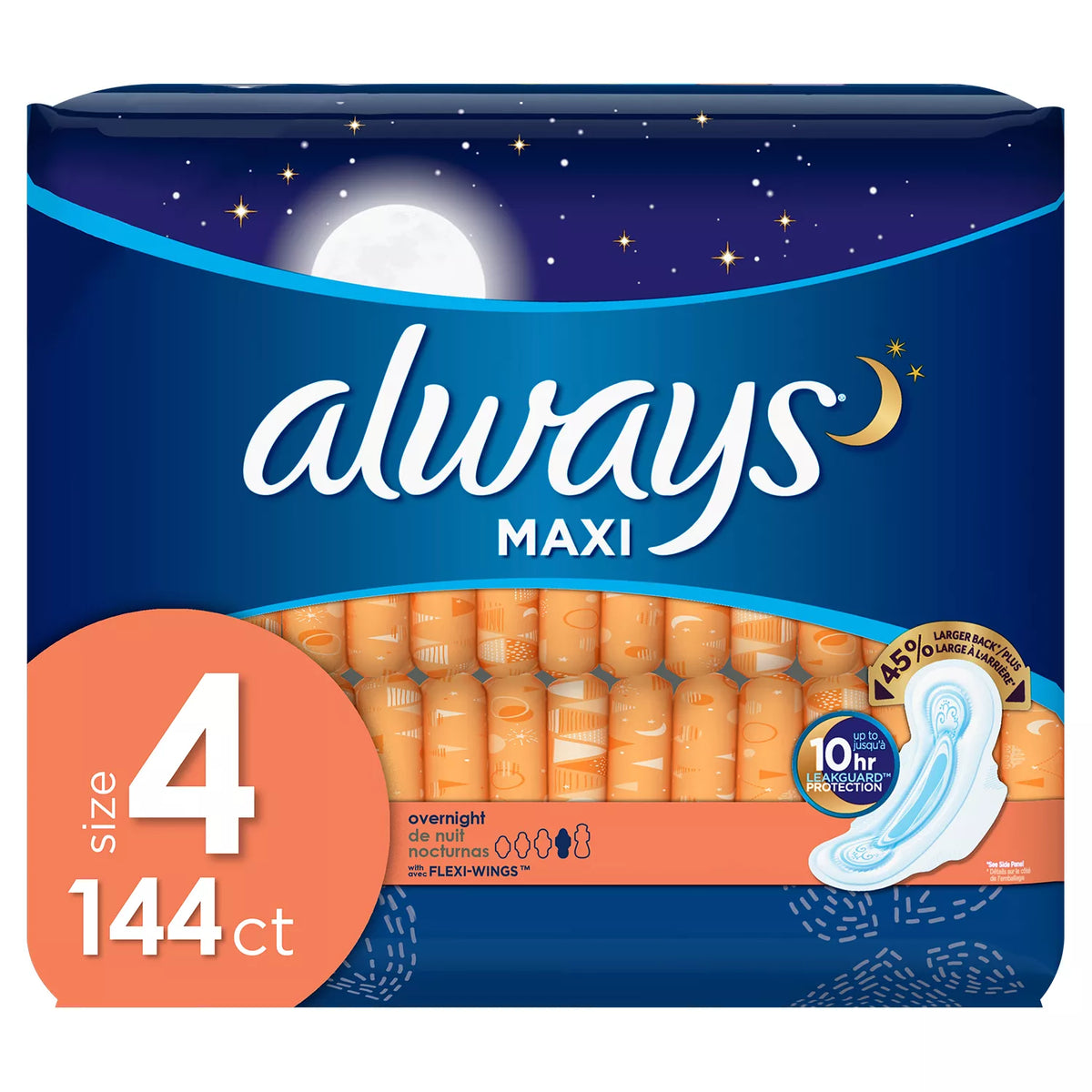 Always Maxi Pads Overnight Absorbency Unscented with Wings, Size 4, 144 ea