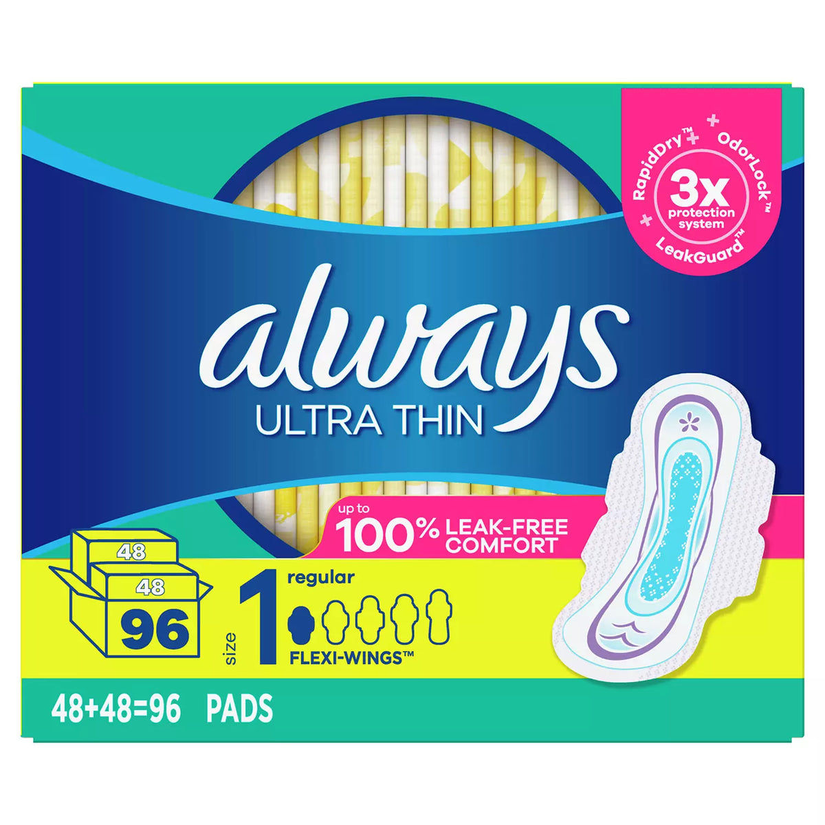 Always Ultra Thin Pads Unscented with Wings, Regular Absorbency, Size 1, 96 ea