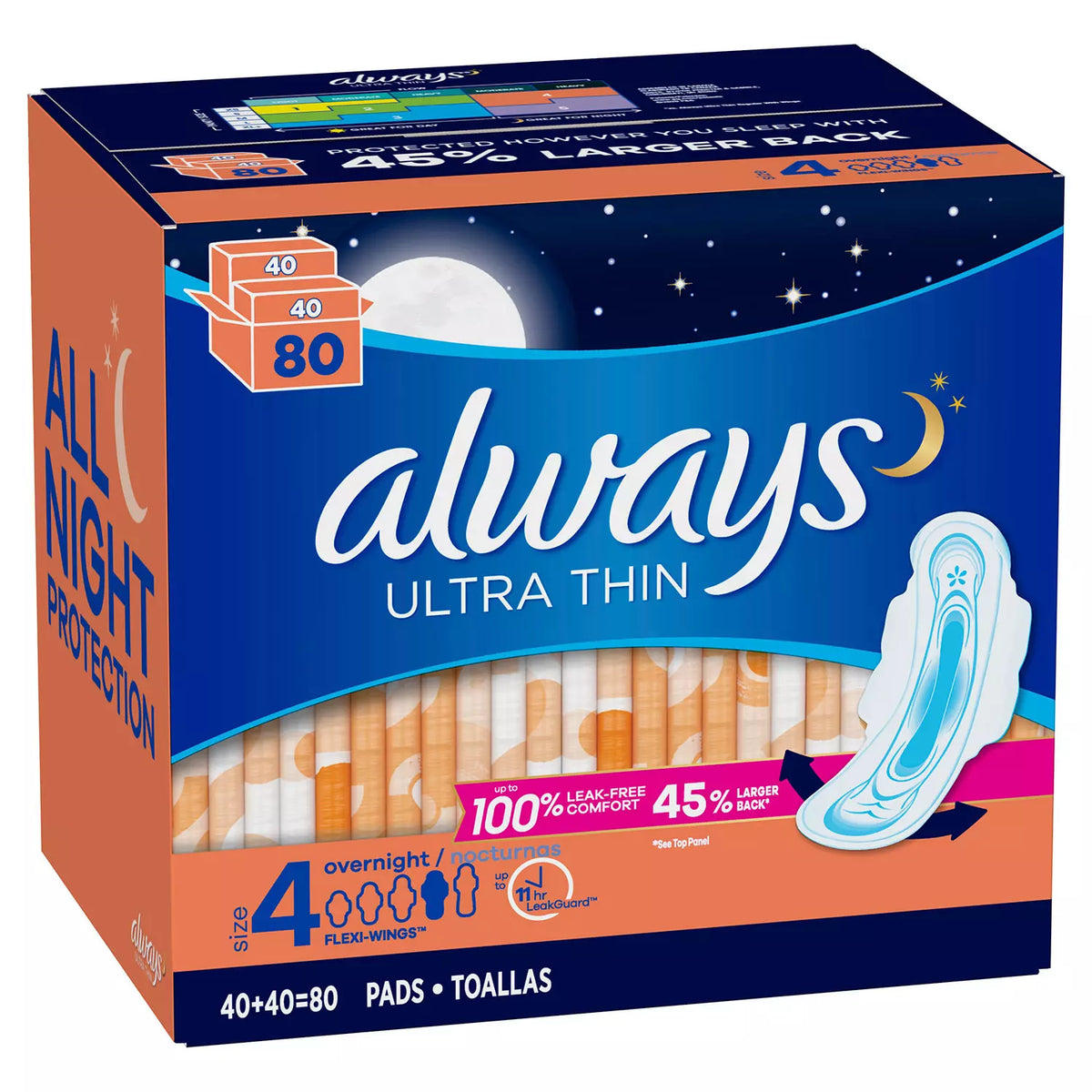 Always Ultra Thin Size 4 Overnight Pads With Wings, Unscented, 80 ea