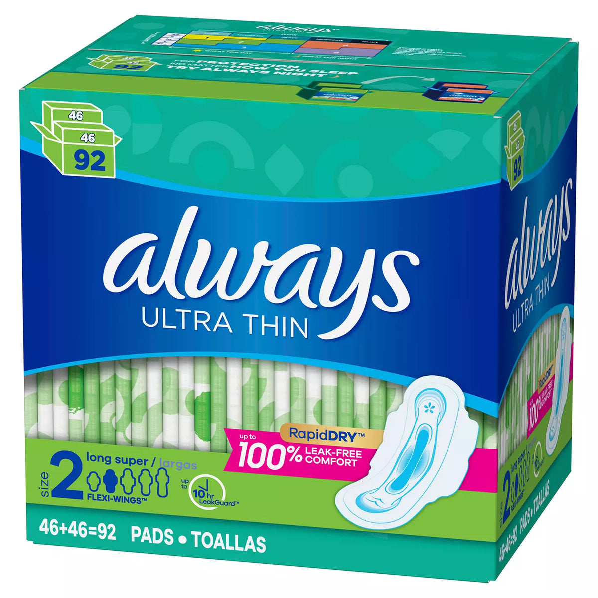 Always Ultra Thin Pads Long Unscented with Wings, Super Absorbency, Size 2, 92 ea