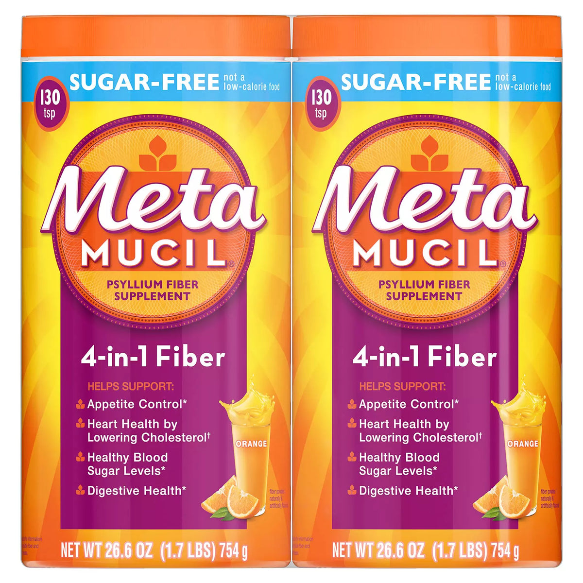 Metamucil 4-in-1 Psyllium Fiber Sugar-Free Supplement Pack, Orange Smooth, 2 ea