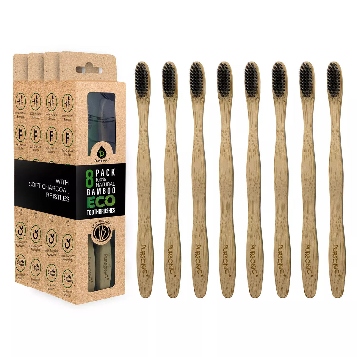 Pursonic 100% Natural ECO Bamboo Toothbrushes with Charcoal Soft Bristles, 8 ea