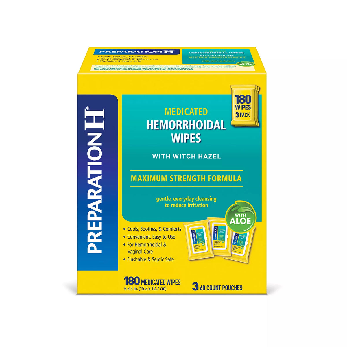 Preparation H Flushable Medicated Hemorrhoidal Wipes, Witch Hazel And Aloe, 180 ea