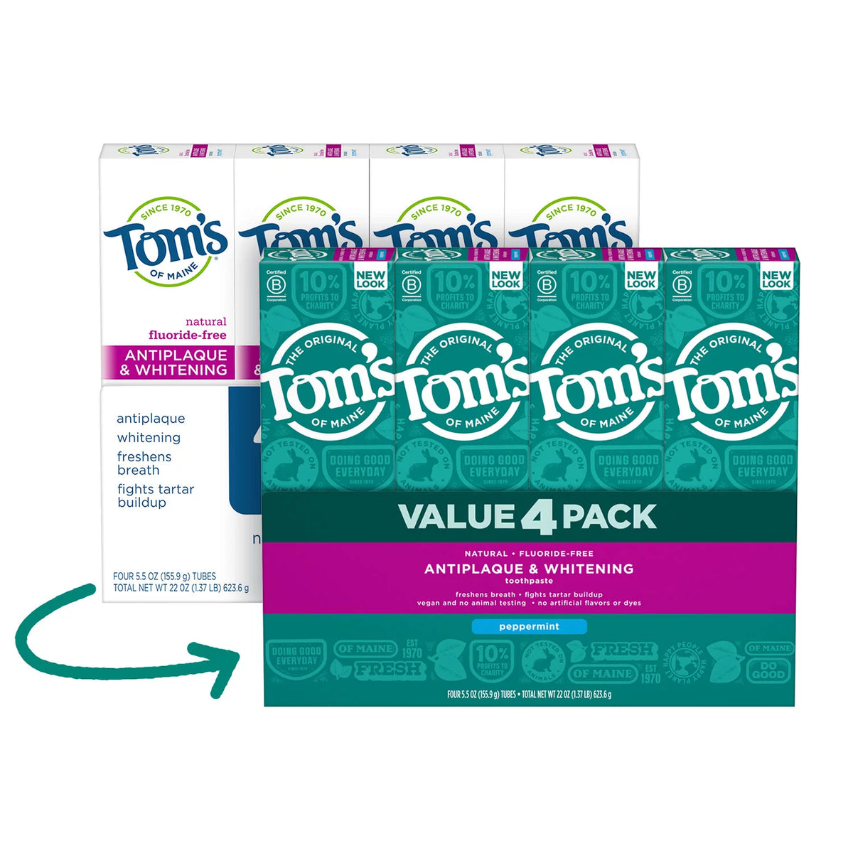 Tom's of Maine Fluoride-Free Antiplaque & Whitening Toothpaste, Peppermint, 4 ea