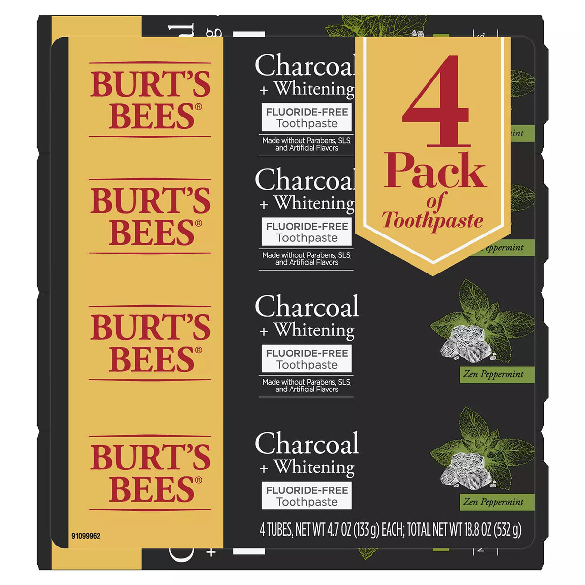 Burt’s Bees Charcoal Toothpaste, Fluoride Free, Zen Peppermint, 4 ea