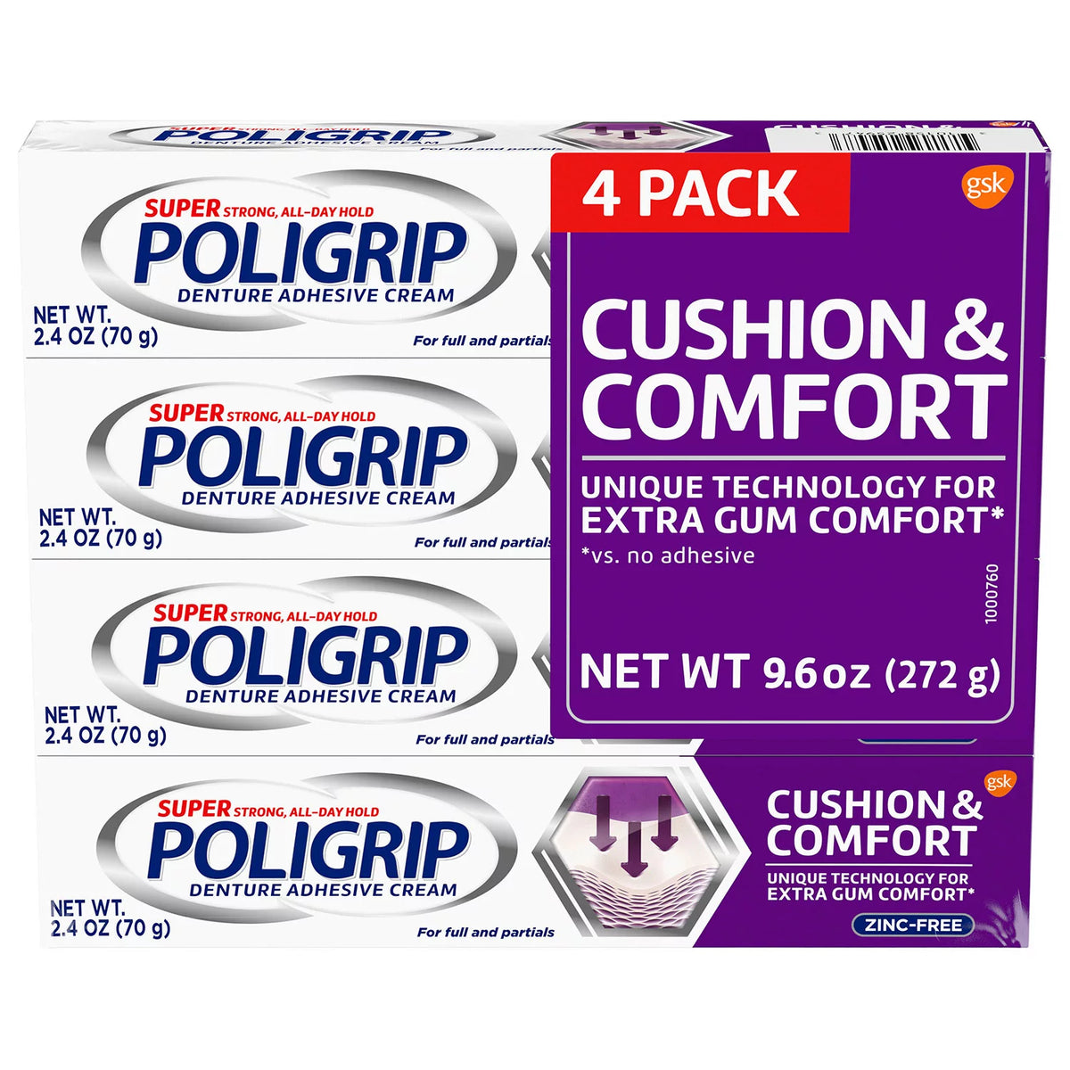 Poligrip Cushion & Comfort Denture Fixative Cream, 4 ea