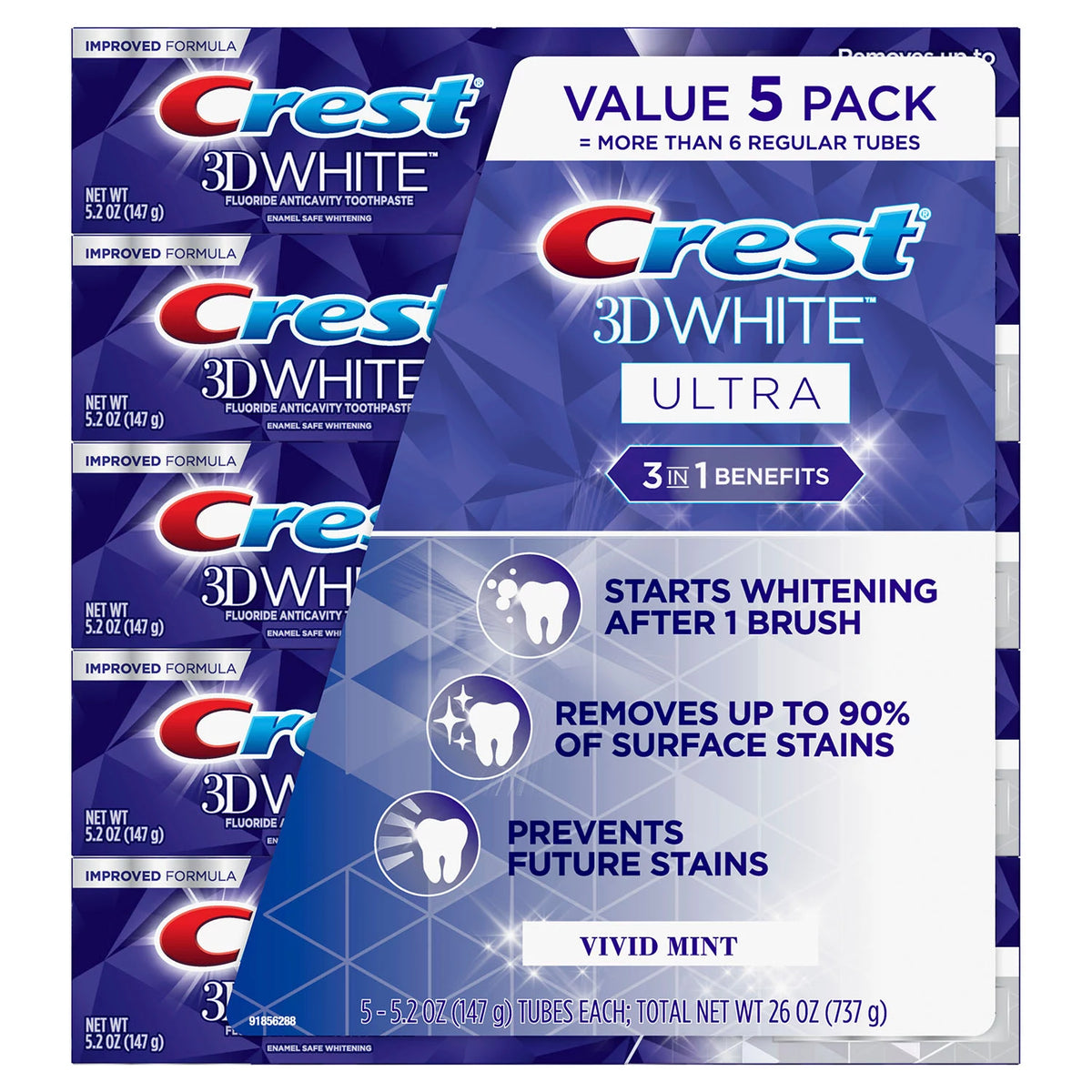 Crest 3D White Ultra Fluoride Anticavity Toothpaste Pack, Vivid Mint, 5 ea